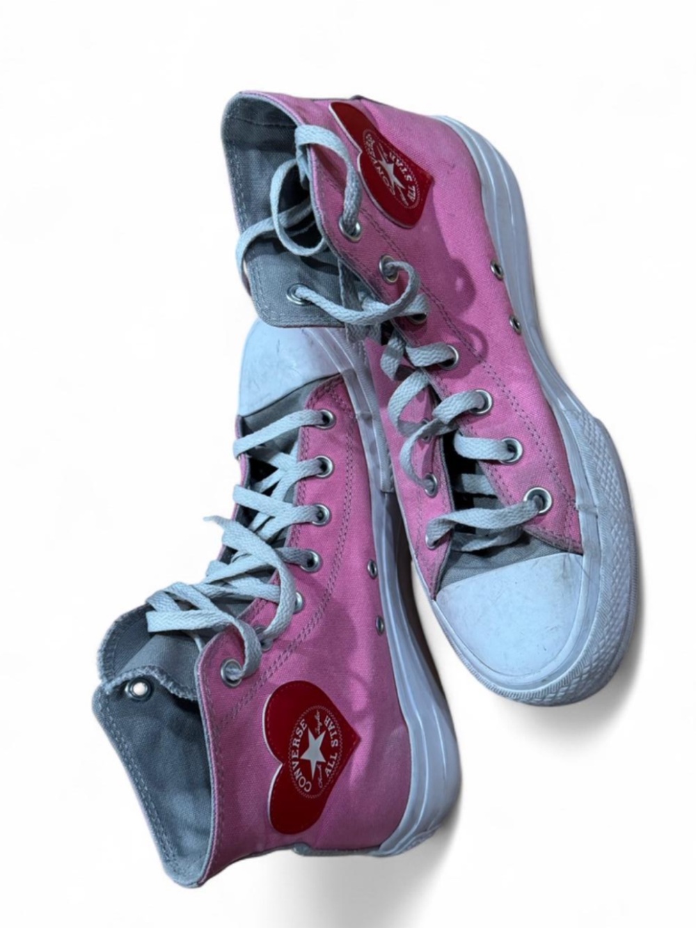 custom design Converse Pink High Top Sneakers w/ Red Heart Patch & grey interior